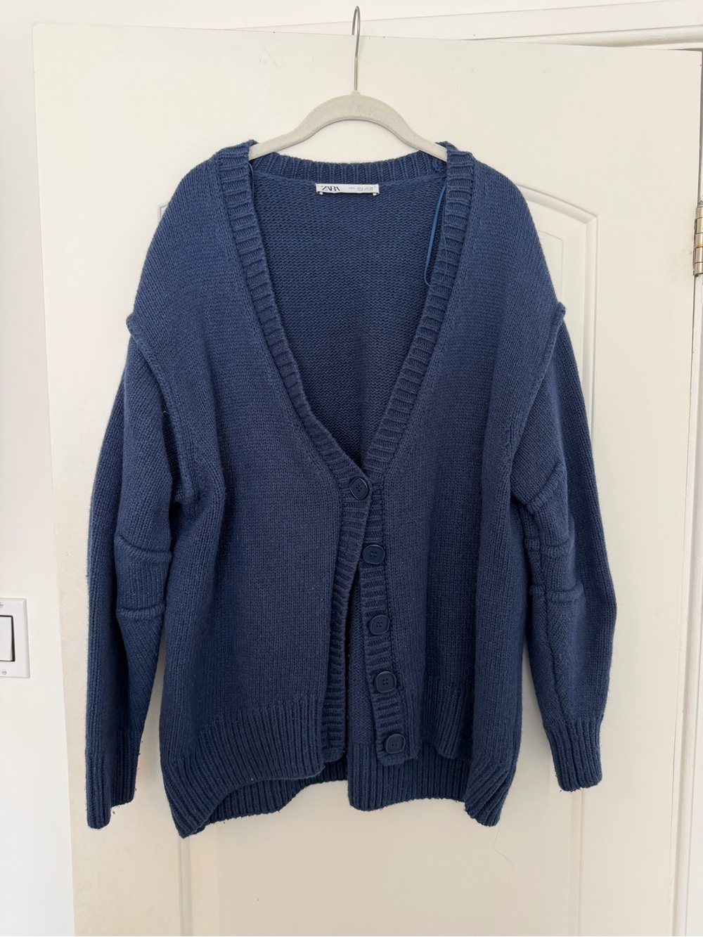 Zara Indigo Blue Ribbed V‑Neck Button Cardigan